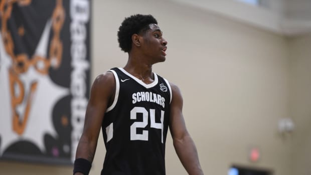 July 5, 2023; North Augusta, S.C., USA; NJ Scholars Billy Richmond (24) during the Team Thad and NJ Scholars game at third day of the Peach Jam in Riverview Park Activities Center. Team Thad defeated NJ Scholars 67-59. Mandatory Credit: Katie Goodale-USA TODAY Network